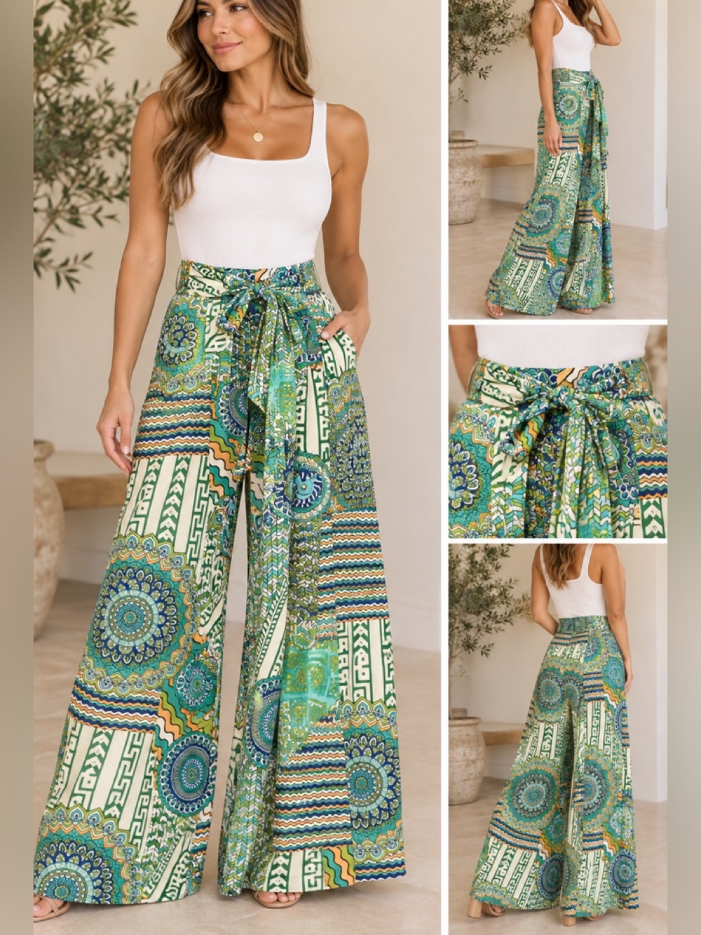 Gracia Women’s Boho Wide Leg Palazzo Pants Green Multicolor Size M